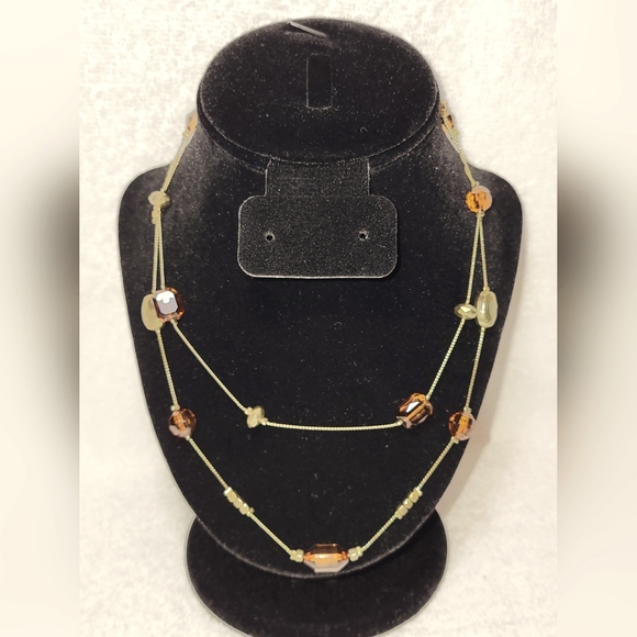 None Jewelry - Brown and Topaz Beaded Rope Necklace with Gold Accents